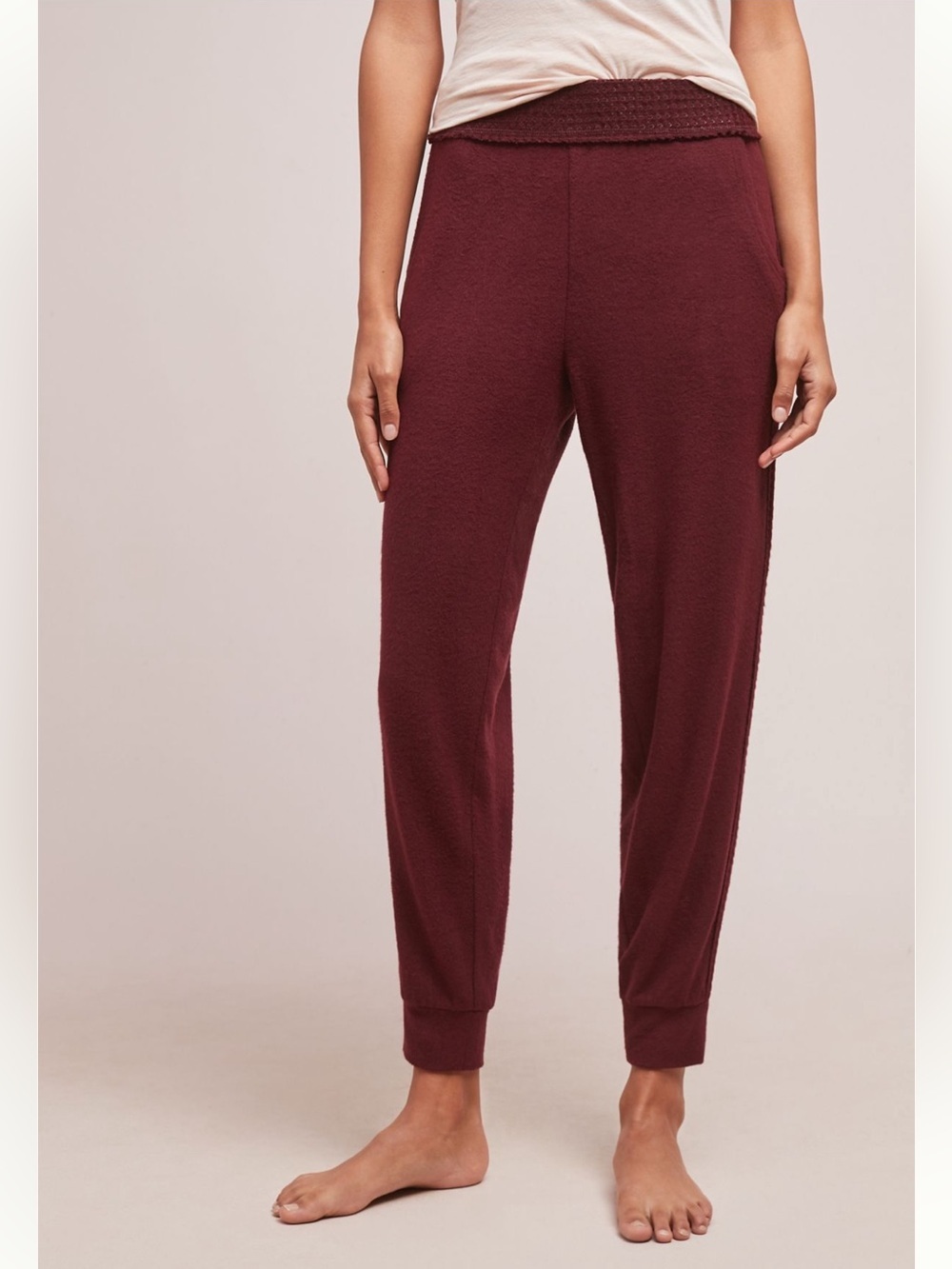 Saturday Sunday Anthropologie Burgundy Waffle Trim Jogger Lounge Pants Small